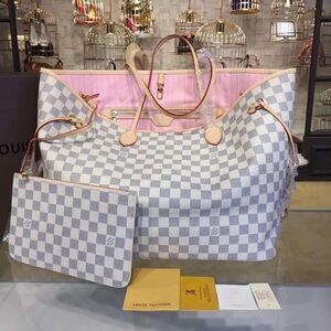 Louis Vuitton Damier Azur Neverfull Tote Bag - Pink Interior